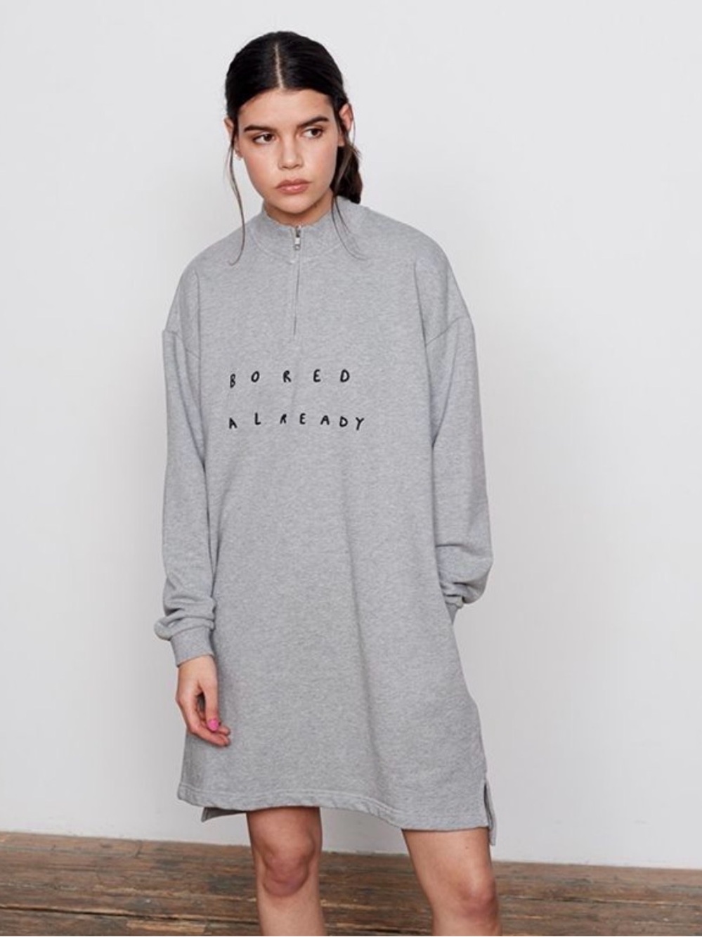NWOT Lazy Oaf Grey Zip-Neck Sweatshirt Dress Bored 🥱 Already one size HTF